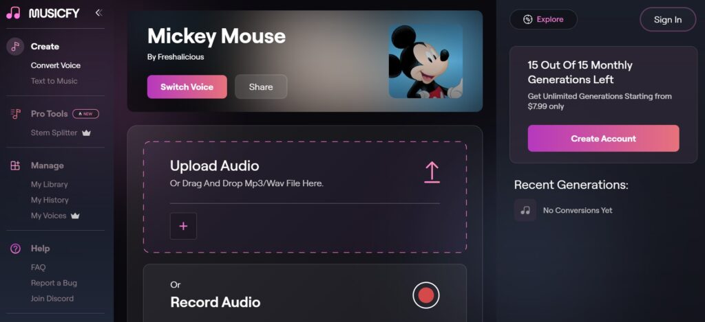 Musicfy's Mickey Mouse Voice Generator